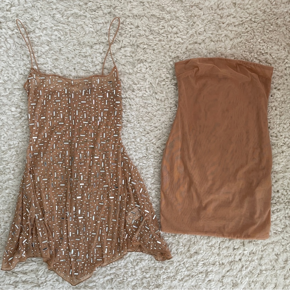 Oh Polly Nude Mesh Detail Dress x 2
